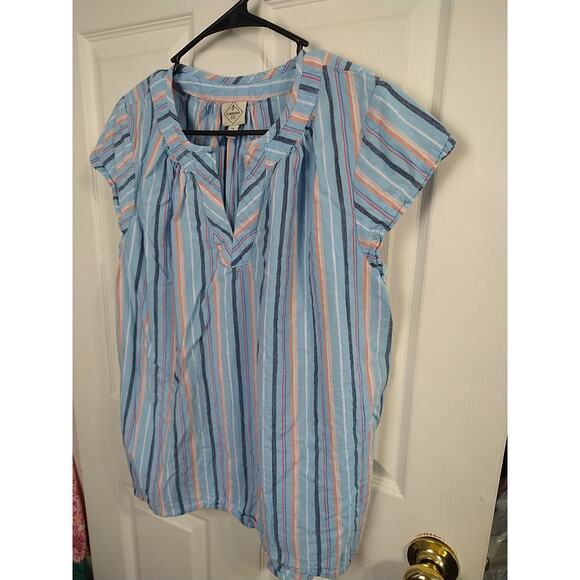 St Johns Bay Woman PXL Pullover Blouse V Neck Striped Blue Cap Sleeve Top - Picture 2 of 10